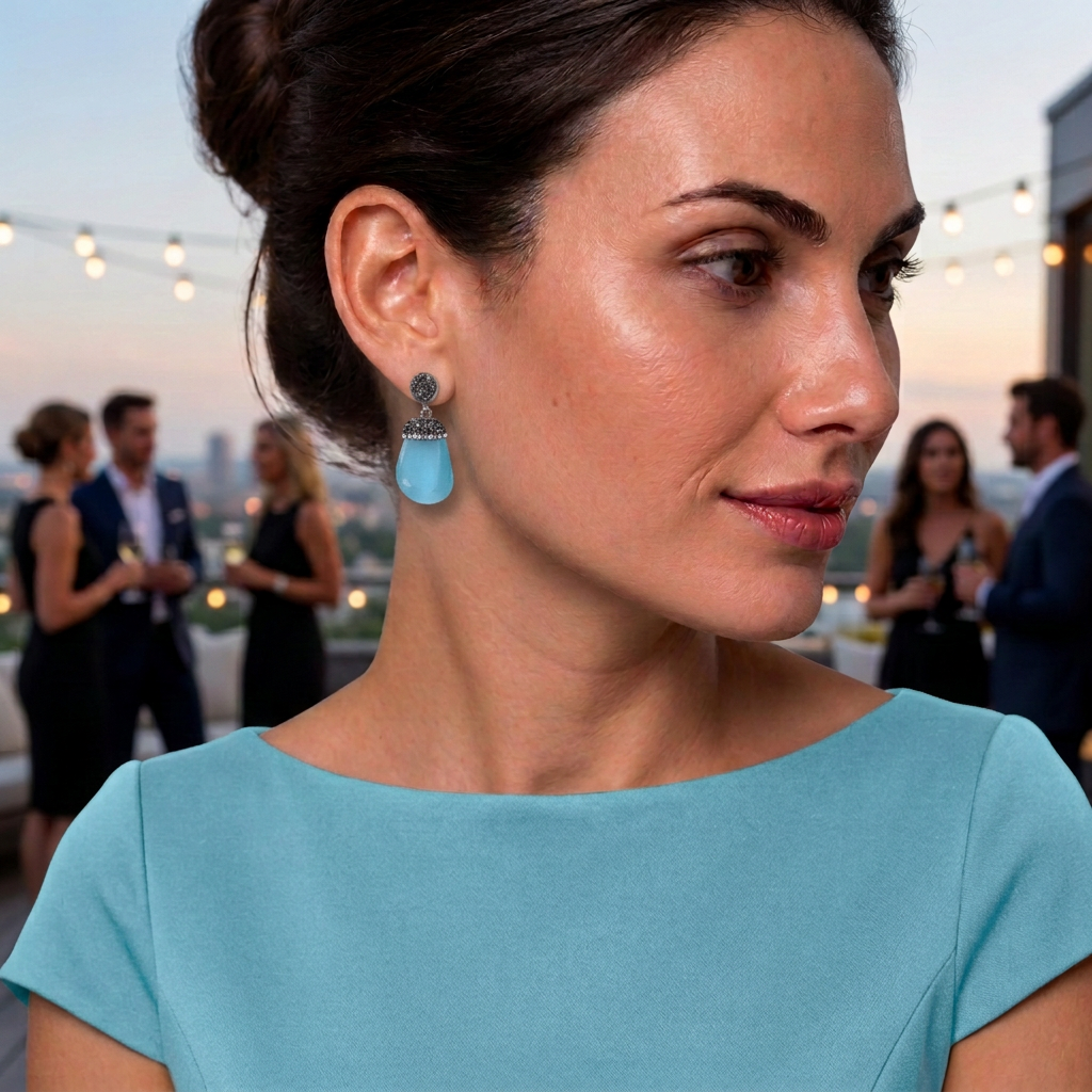 Blauwe edelstenen oorbellen met kattenoog en stras steentjes, blauwe edelstenen oorknopjes gedragen door model met feestelijke outfit | Bright Blue Cat&