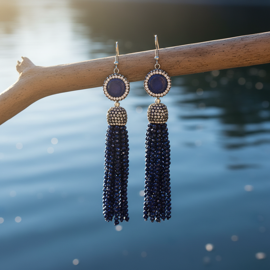 Lange blauwe edelstenen oorbellen met lapis lazuli, stras steentjes, sterling zilver (925) en kwastje hangend aan tak met water achtergrond | Bright Lapis Lazuli Tassel