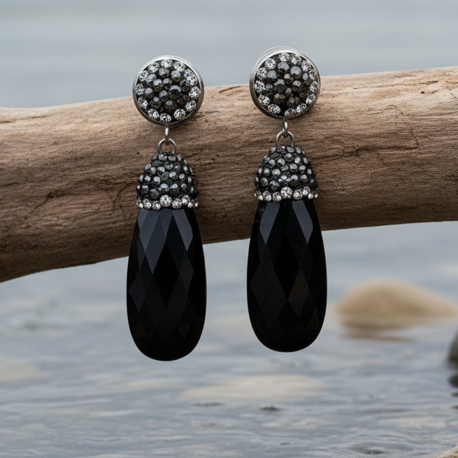 Bright Long Black Agate oorbellen op tak
