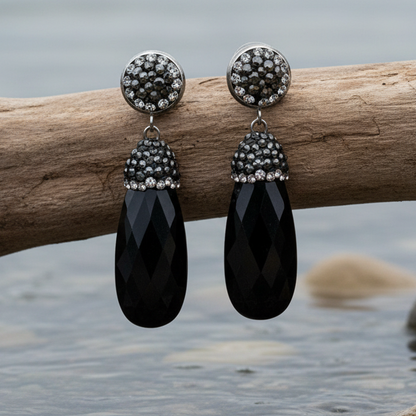Bright Long Black Agate oorbellen op tak