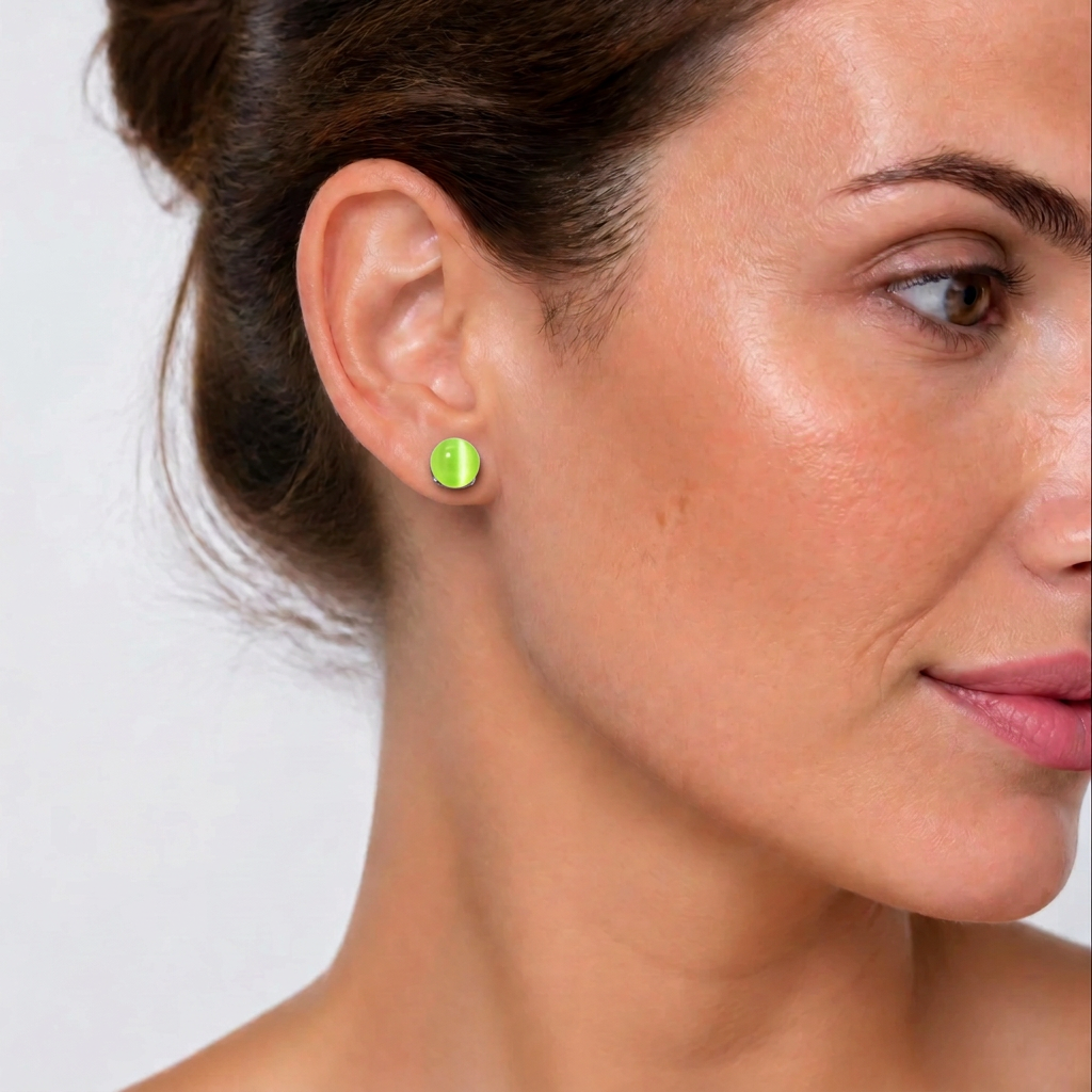 Groene edelstenen oorbellen, groene kattenoog oorknoppen gedargen door model | Cat’s Eye Light Green