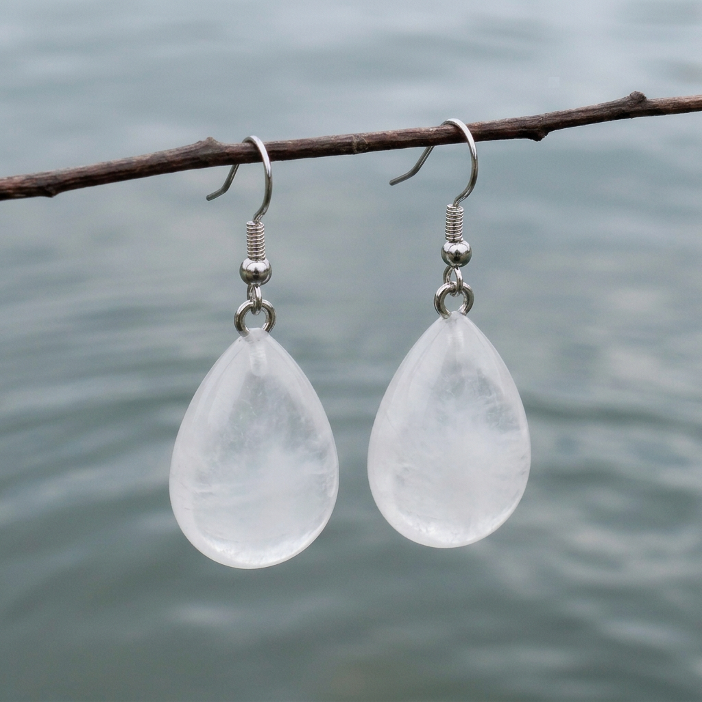Edelstenen oorbellen met bergkristal en sterling zilver (925) hangend an takje boven water | Clear Crystal Drop