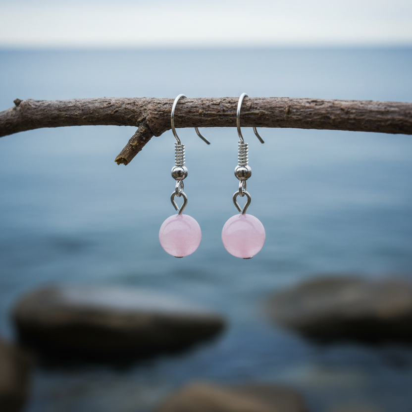 Roze edelstenen oorbellen met rozenkwarts en sterling zilver (925) hangend aan takje | Dangling Rosé Quartz