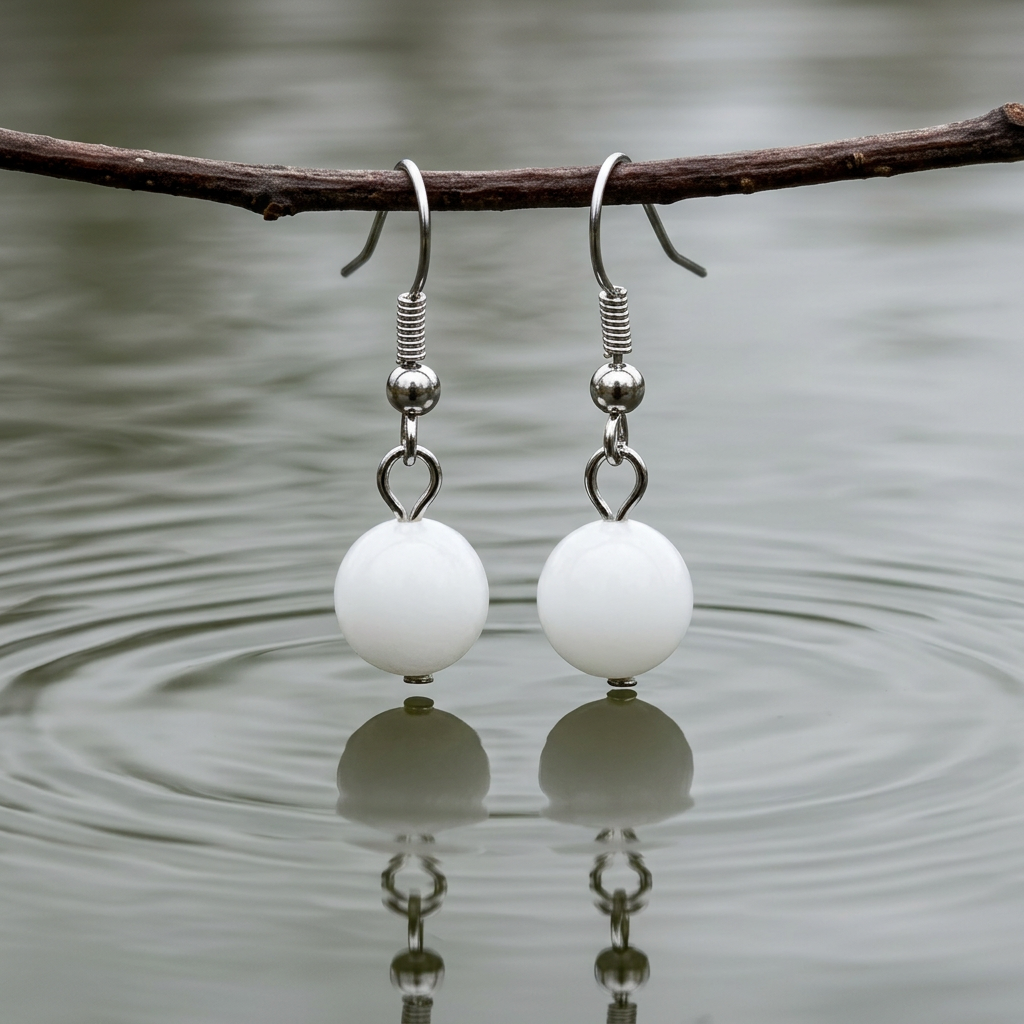 Witte edelstenen oorbellen met sterling zilver (925) hangend aan takje boven water | Dangling White Ball