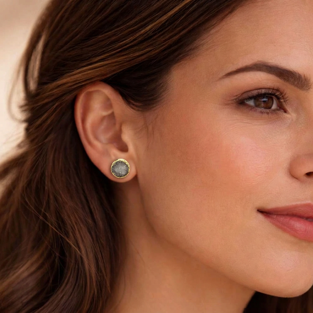 Edelstenen oorbellen met grijze druzy agaat en goud gedragen door model | Druzy Gold Grey
