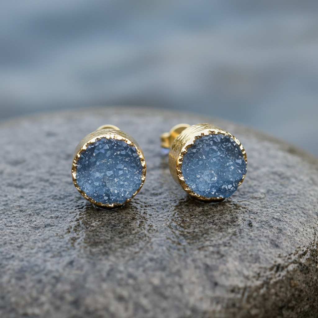 Blauwe druzy agaat oorbellen met goud, edelstenen oorstekers, close up liggend op steen | Druzy Gold Royal Blue