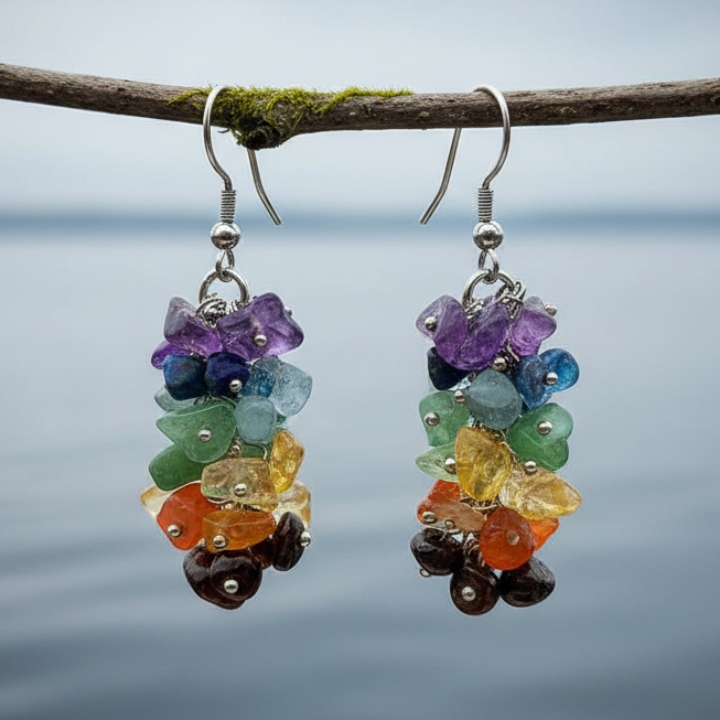Edelstenen oorbellen met veel gekleurde edelstenen en zilver edelstaal hangend aan takje boven water| Gemstone Chips