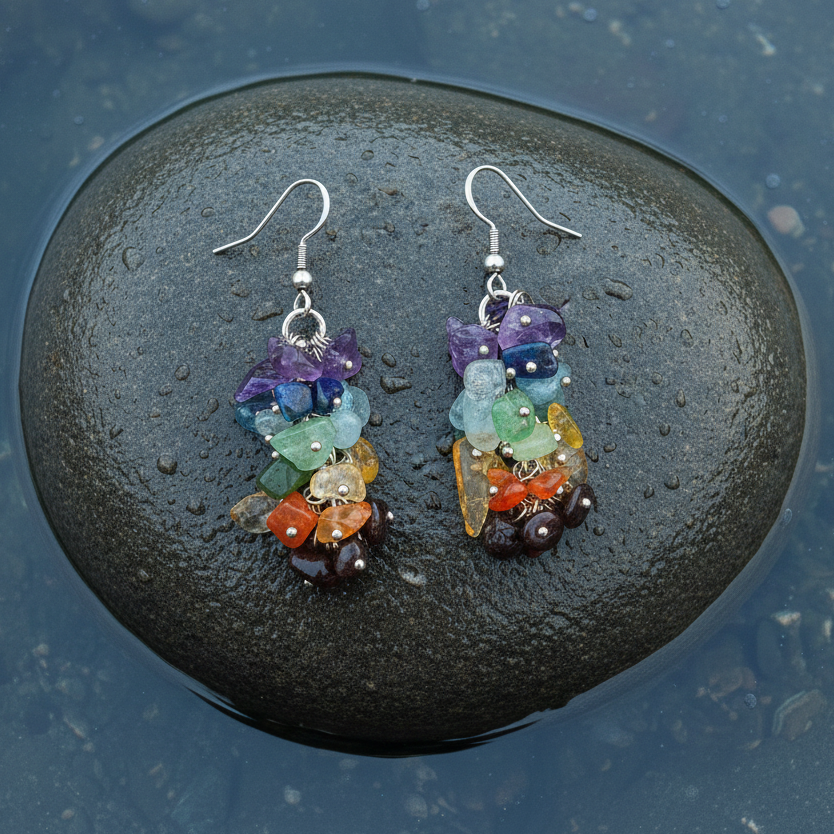 Edelstenen oorbellen met veel gekleurde edelstenen en zilver edelstaal liggend op steen in water | Gemstone Chips