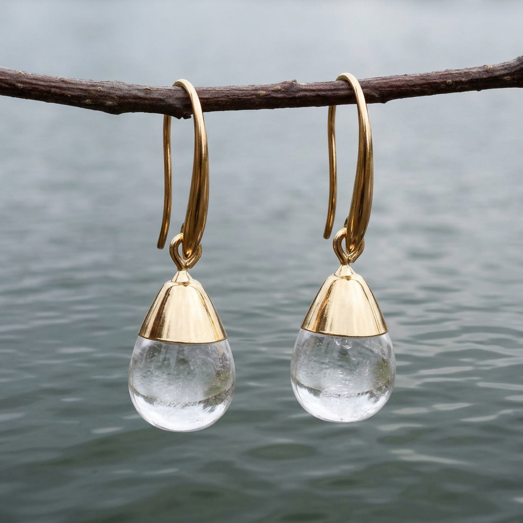 Gold Dip Crystal Clear-oorbellen aan een takje boven rustig water