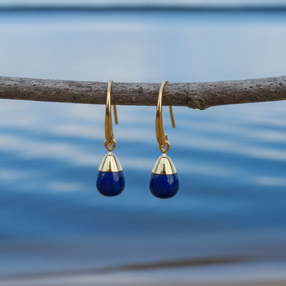 Blauw edelstenen oorbellen met lapis lazuli hangend aan takje - Gold Dip Lapis Lazuli Small