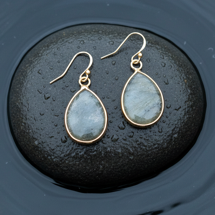 Edelstenen oorbellen met labradoriet in druppel vorm en goud edelstaal liggend op natte steen | Labradorite Small Teardrop