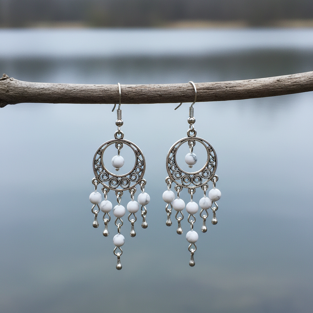 Witte edelstenen oorbellen met sterling zilver (925) en howliet hangend aan takje | Oriental Howlite