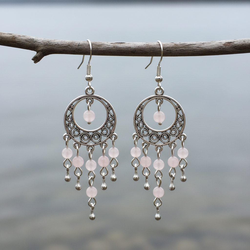 Roze edelstenen oorbellen met rozenkwarts en sterling zilver (925), Rozenkwarts oorbellen met sterling zilver (925) hangend aan takje | Oriental Rose Quartz
