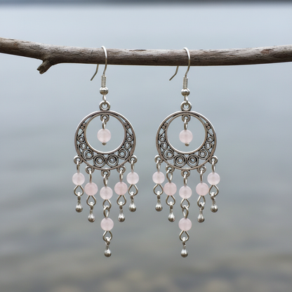 Roze edelstenen oorbellen met rozenkwarts en sterling zilver (925), Rozenkwarts oorbellen met sterling zilver (925) hangend aan takje | Oriental Rose Quartz