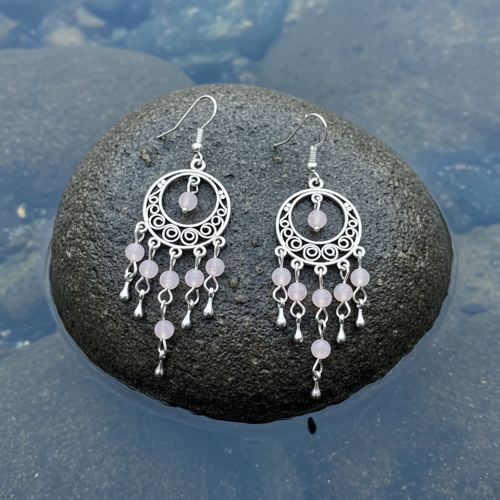 Roze edelstenen oorbellen met rozenkwarts en sterling zilver (925), Rozenkwarts oorbellen met sterling zilver (925) liggend op steen in water | Oriental Rose Quartz