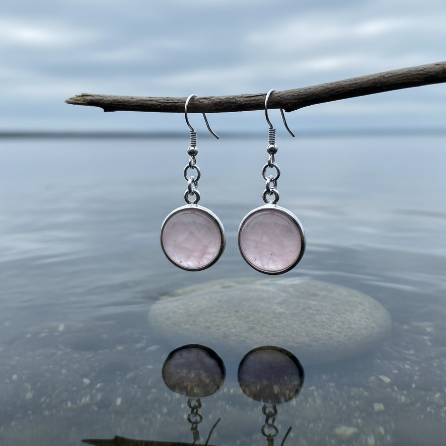 Roze edelstenen oorbellen met rozenkwarts en sterling zilveren oorbelhaakjes, rozenkwarts oorhangers hangend aan takje boven water | rosé Quartz Round