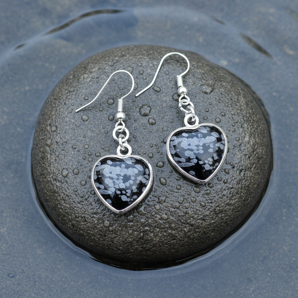 Grijze edelstenen oorbellen met sterling zilver (925) en sneeuw obsidiaan liggend op steen | Snowflake Obsidian Silver Heart