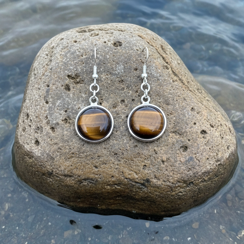 Bruine edelstenen oorbellen met ronde tijgeroog en sterling zilver (925) liggend op steen | Tiger Eye Round