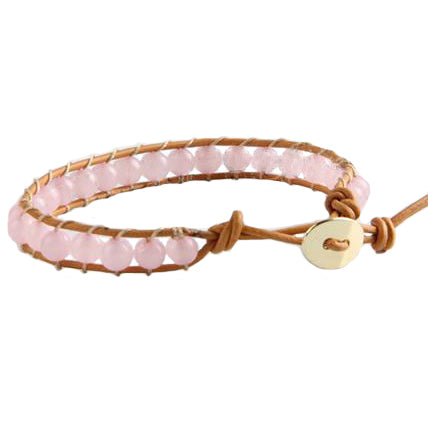 Roze edelstenen armband met rozenkwarts en licht bruin leer, achterzijde | Wrap Rose Quartz Light