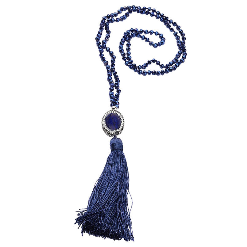 Lange blauwe handgeknoopte edelstenen ketting met lapis lazuli, stras steentjes en kwastje | Bright Lapis Lazuli Tassel