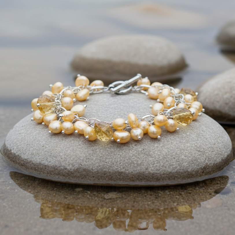 Geel zoetwater parel armband met parel bedeltjes en geel kristal liggend op steen in water | Sunny