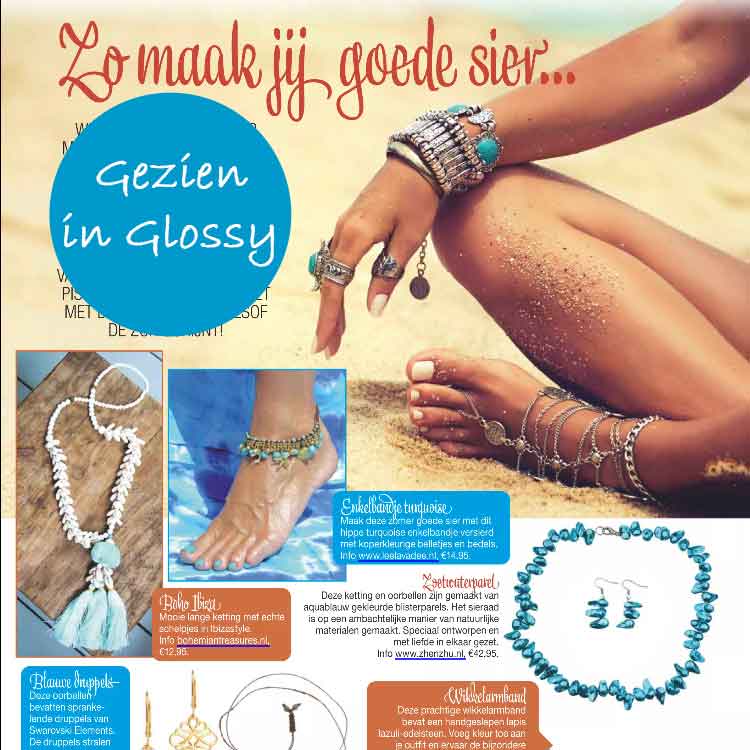 Zoetwater parelketting met aqua blauwe parels en sterling zilver (925) gezien in tijdschrift Glossy | Pearl Blister Aqua Blue