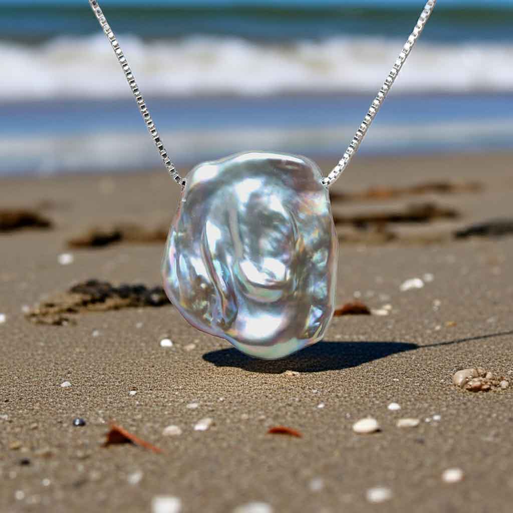 Grijze parelketting met achtergrond strand | Gina