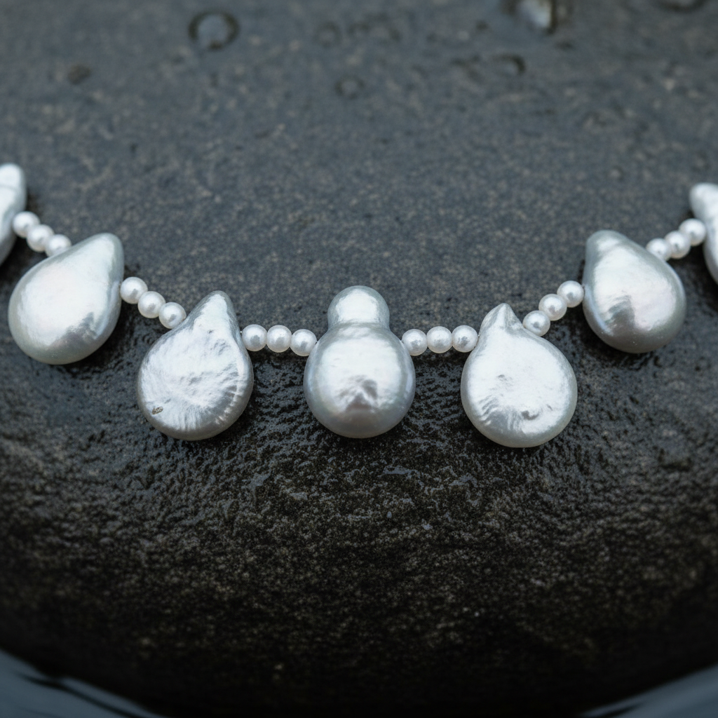 Zoetwater parelketting met grijze parels liggend op steen in water close up | Little Grey Coin