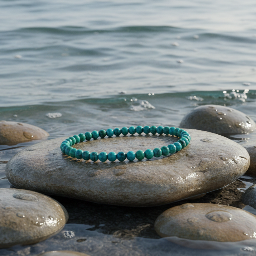Edelstenen armband met chrysocolla, elastisch liggend op steen in water | Little Chrysocolla