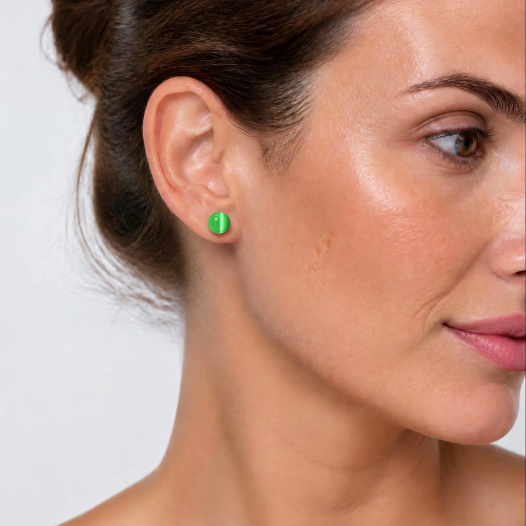 Groene edelstenen oorknopjes met kattenoog gedragen door model | Cat’s Eye Green