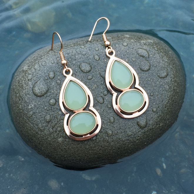 Groen edelstenen oorbellen met aventurien en rosé goud liggend op steen in water | Green Aventurine Gold