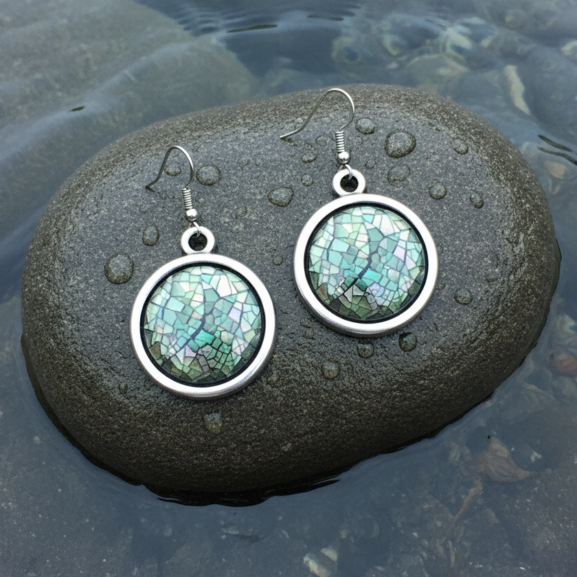 Parelmoeren oorbellen van groen blauw parelmoer en sterling zilver 925 liggend op steen in water | Blacklip Mozaik