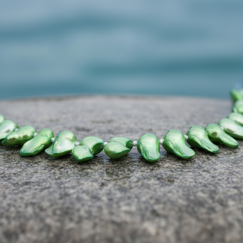 Handgeknoopte zoetwater parelketting met groene parels en sterling zilver (925) liggend op steen in water close up | Green Blister