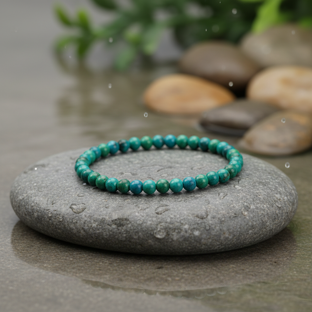 Edelstenen armband met chrysocolla, elastisch liggend op steen | Little Chrysocolla