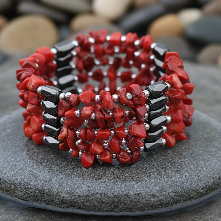 Rood koralen armband met zwarte magnetiet liggend op steen in water | Wrap Magnetite Coral