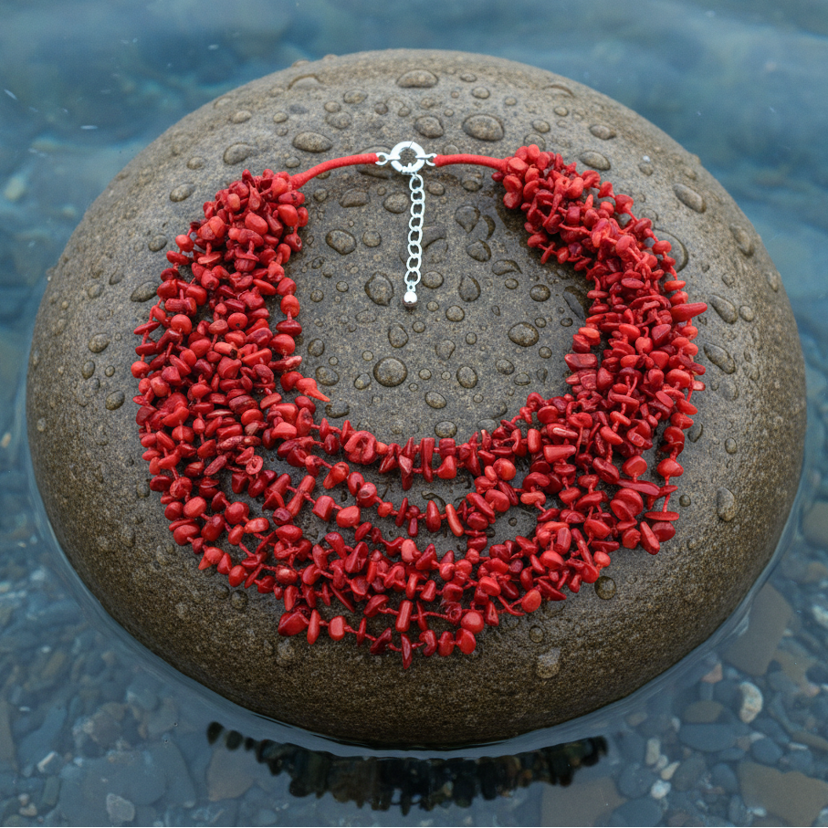 Rood koralen ketting met 8 strengen rood koraal liggend op steen | Big Coral Chip