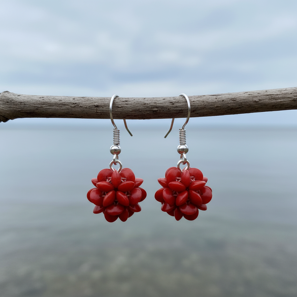 Koralen oorbellen met rood koralen bal en sterling zilver 925 hangend aan takje | Coral Ball Chip