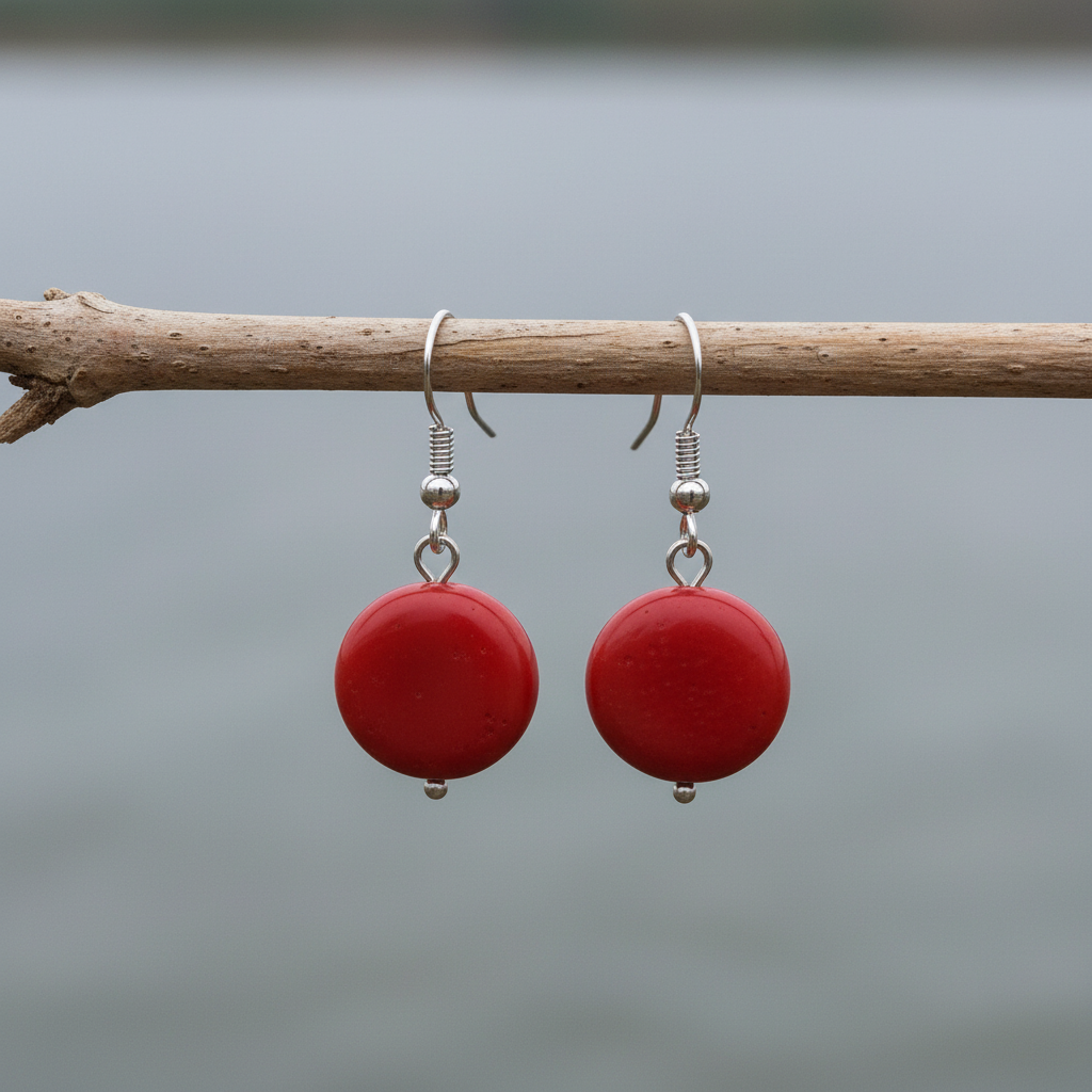 Rood koralen oorbellen met koralen schijfje en sterling zilver 925 hangend aan takje | Coral Coin