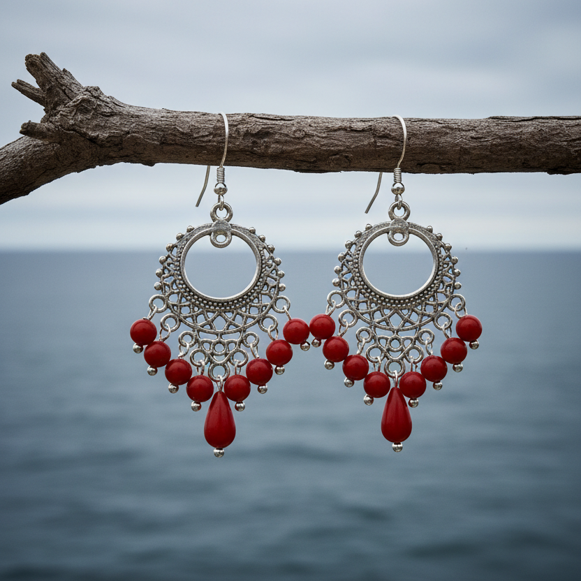 Rood koralen oorbellen met sterling zilver 925 hangend aan takje | Coral Gipsy