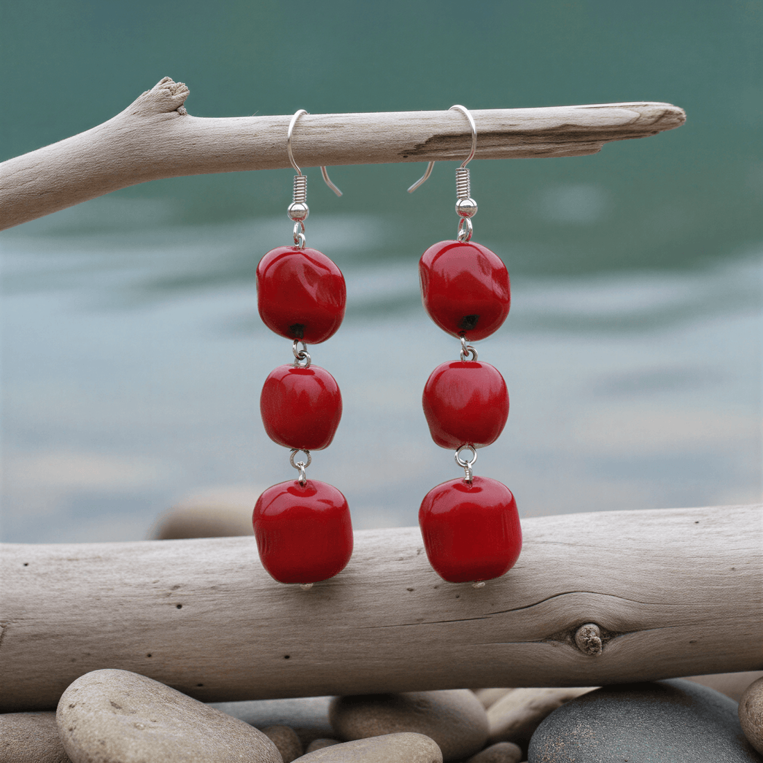 Long Red Big Coral beide oorbellen