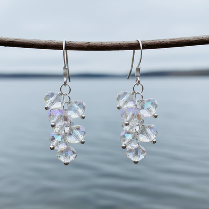 Kristallen oorbellen met trosje helder kristal en sterling zilver 925 hangend aan takje boven water | White Crystal