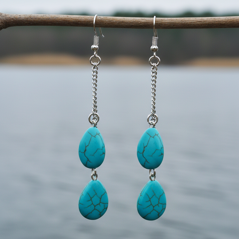 Lange turquoise dubbele druppel oorbellen aan takje boven meertje