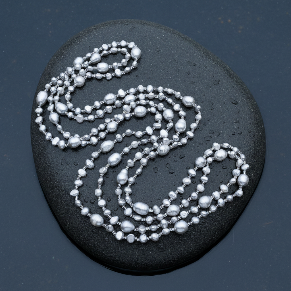 Lange zoetwater parelketting met grijze parels liggend op steen in water | Long Seed Bead Grey