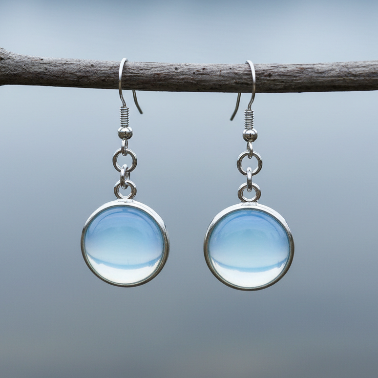 Licht blauwe edelstenen oorbellen met opaal en sterling zilver (925) hangend aan takje, vooraanzicht | Sea Opal Round
