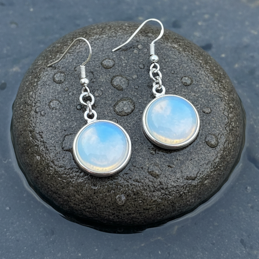 Licht blauwe edelstenen oorbellen met opaal en sterling zilver (925) liggend op steen in water, vooraanzicht | Sea Opal Round