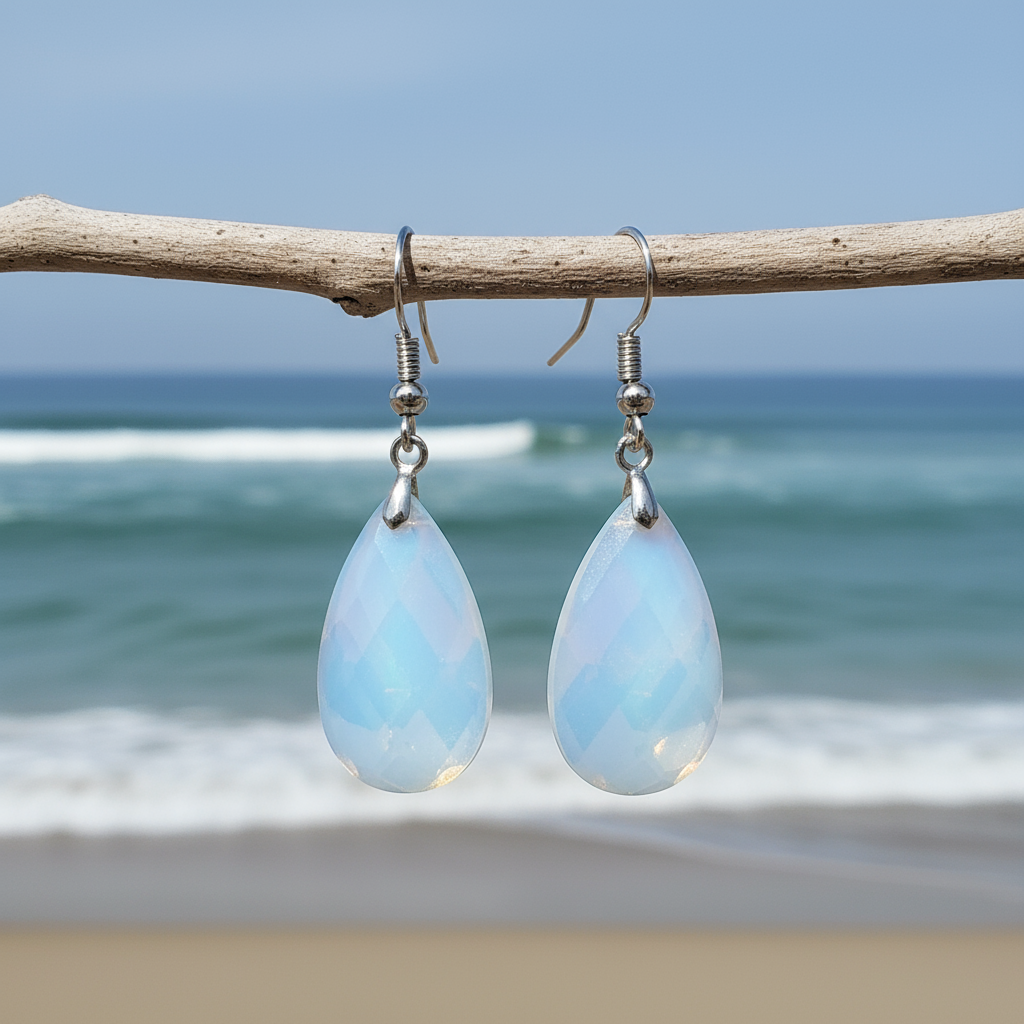Licht blauwe edelstenen oorbellen met zee opaal en sterling zilver (925) hangend aan takje | Facet Sea Opal