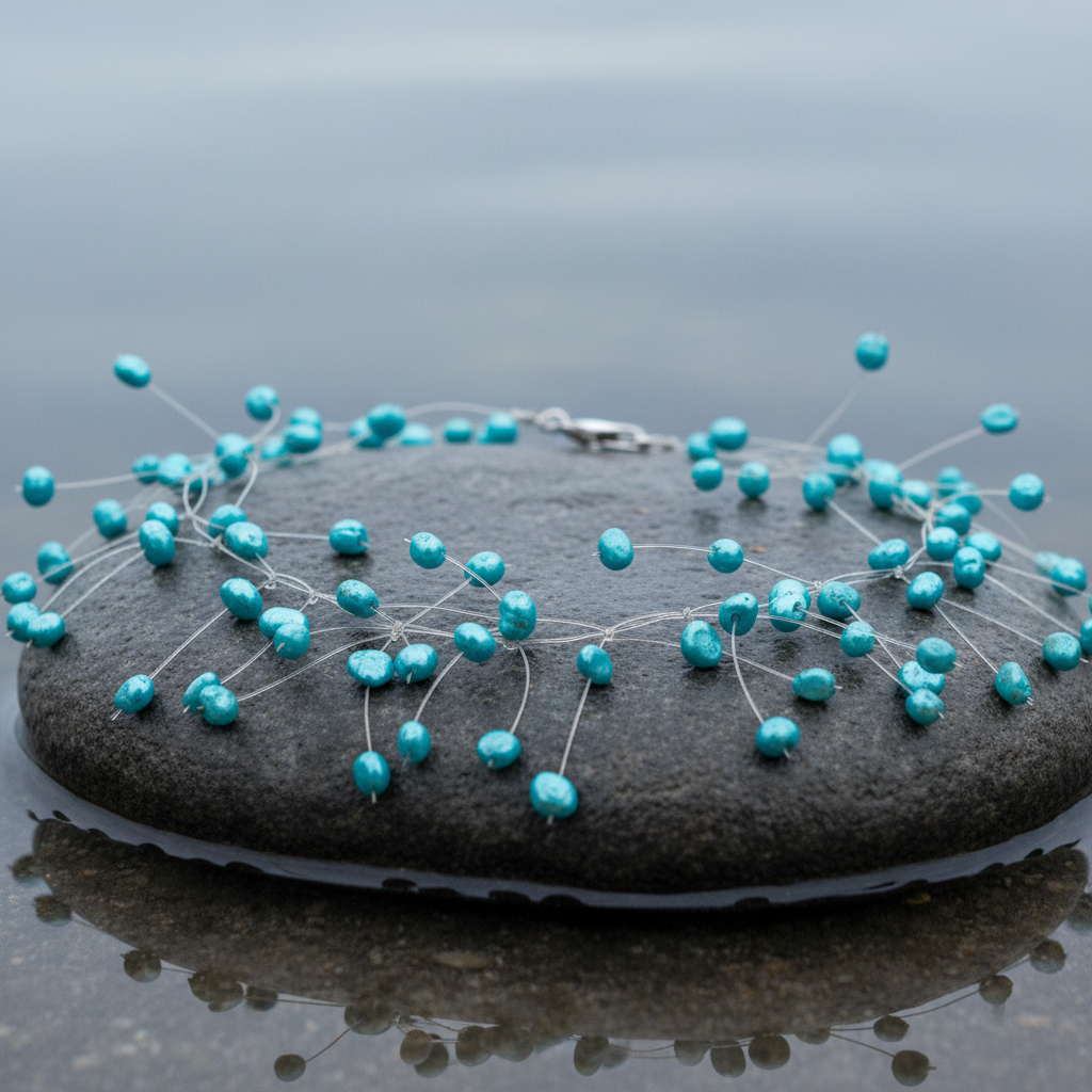 Ultra extreme macro close-up zijaanzicht multi-strand ketting met turquoise blauwe kralen op transparant draad op grijze steen met natuurlijk blauw-grijs meerwater