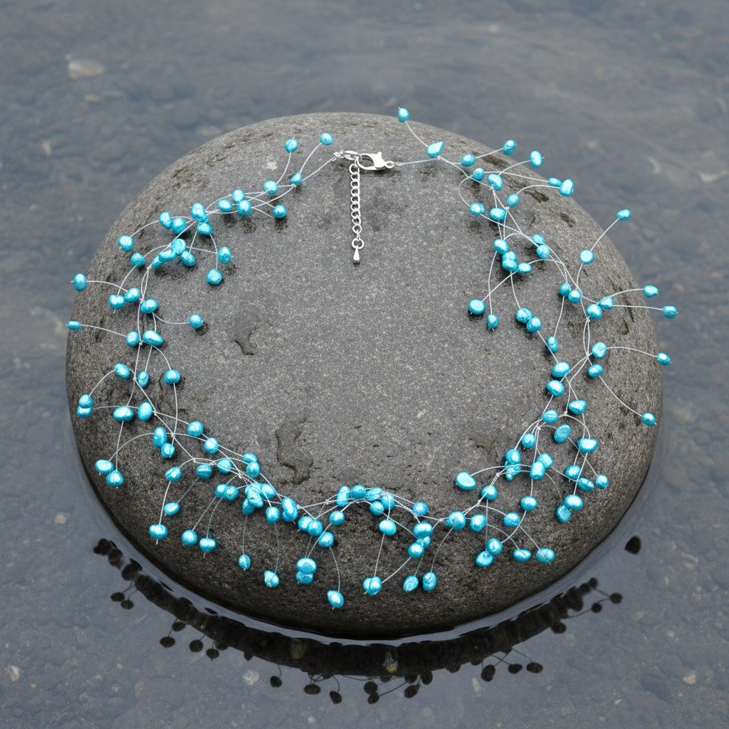 Close-up bovenaanzicht multi-strand ketting met turquoise blauwe kralen op transparant draad op grote grijze steen met natuurlijk blauw-grijs meerwater