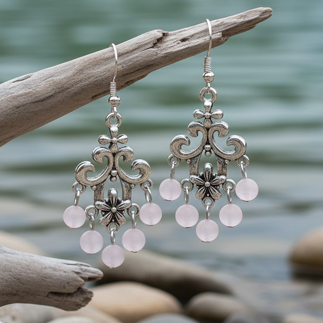 Lange licht roze edelstenen oorbellen met rozenkwarts en sterling zilver (925) hangend aan tak boven water | Chandelier Frozen Rosé Quartz