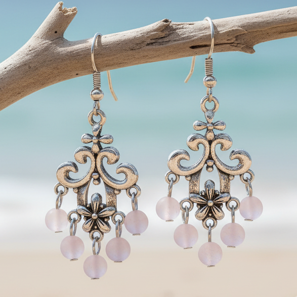 Lange licht roze edelstenen oorbellen met rozenkwarts en sterling zilver (925) hangend aan tak boven strand | Chandelier Frozen Rosé Quartz
